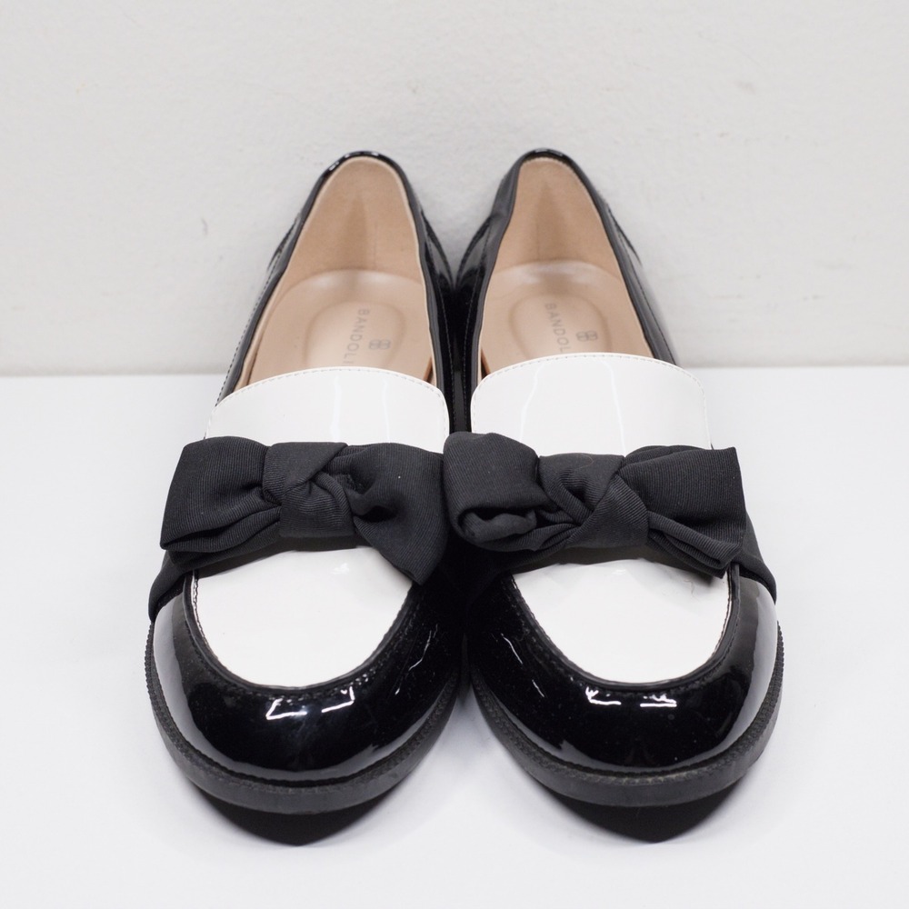 BANDOLINO Lindio Bow Patent‎ Loafers Coquette Whimsigoth Black White Sz 7.5 Wide